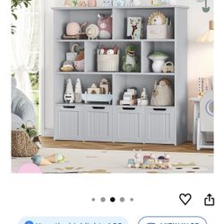 Toy /Book Storage Organizers with 4 Movable Drawers and 7 Storage Cubbies, Chest Shelf Organizer with Hidden Wheels, Light Gray Color 