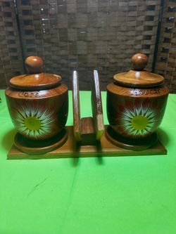 Vintage Wooden "Azúcar" & “Café” Sugar Jar & Coffee Set - Hand Painted Floral-$25 CASH