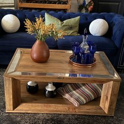 Modern Rustic Pine Coffee Table W/ Antiqued Mirror On Castors