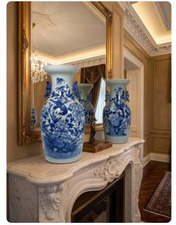 Antique Celadon Glazed Chinese Blue & White Vases - Large 17.25” Matched Pair