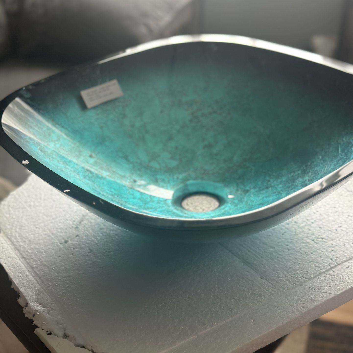 eclife 16.5" Bathroom Vessel Sink Modern Artistic Single Turquoise Square Tempered Glass 