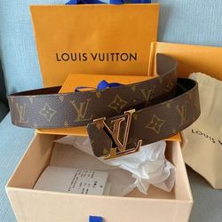 LV Men's Old Flower Gold Buckle Belt Width 4cm
