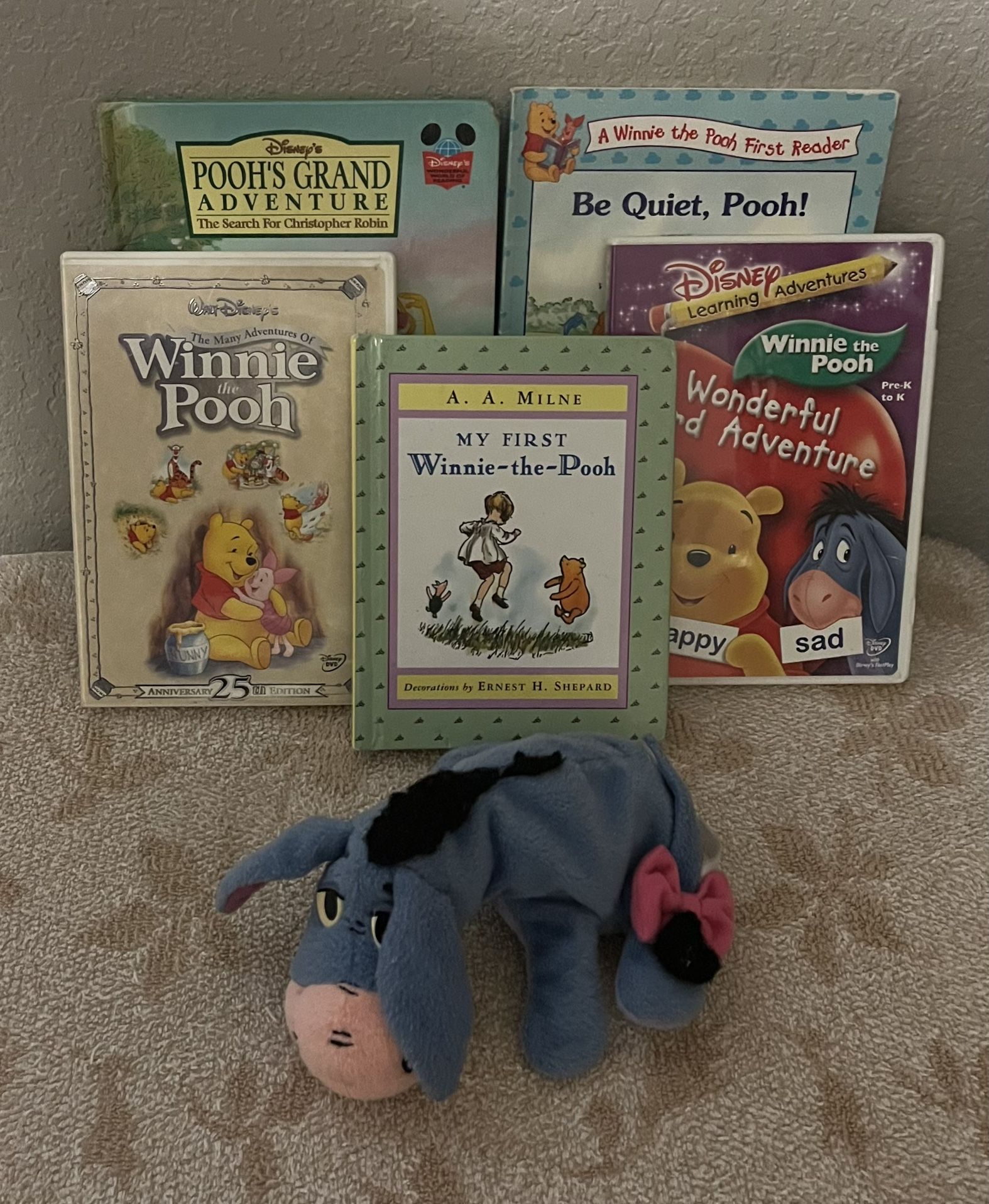 Winnie the Pooh Books, DVDS and Toy (Lot of 6)