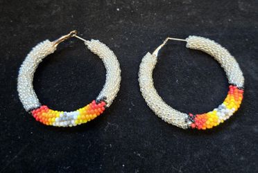 Handmade Beaded 2 Inch Silver Color Native Style Earrings 