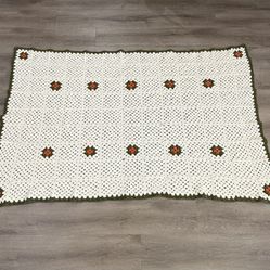 Vintage Handmade Crochet Granny Square Afghan Cream Blanket w/Orange Flowers and Green Border