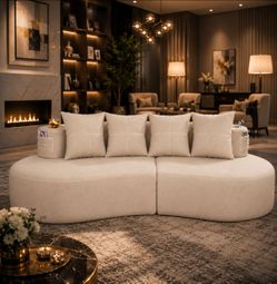 Modern Curved Chenille Sofa with Cup Holders and Side Pockets