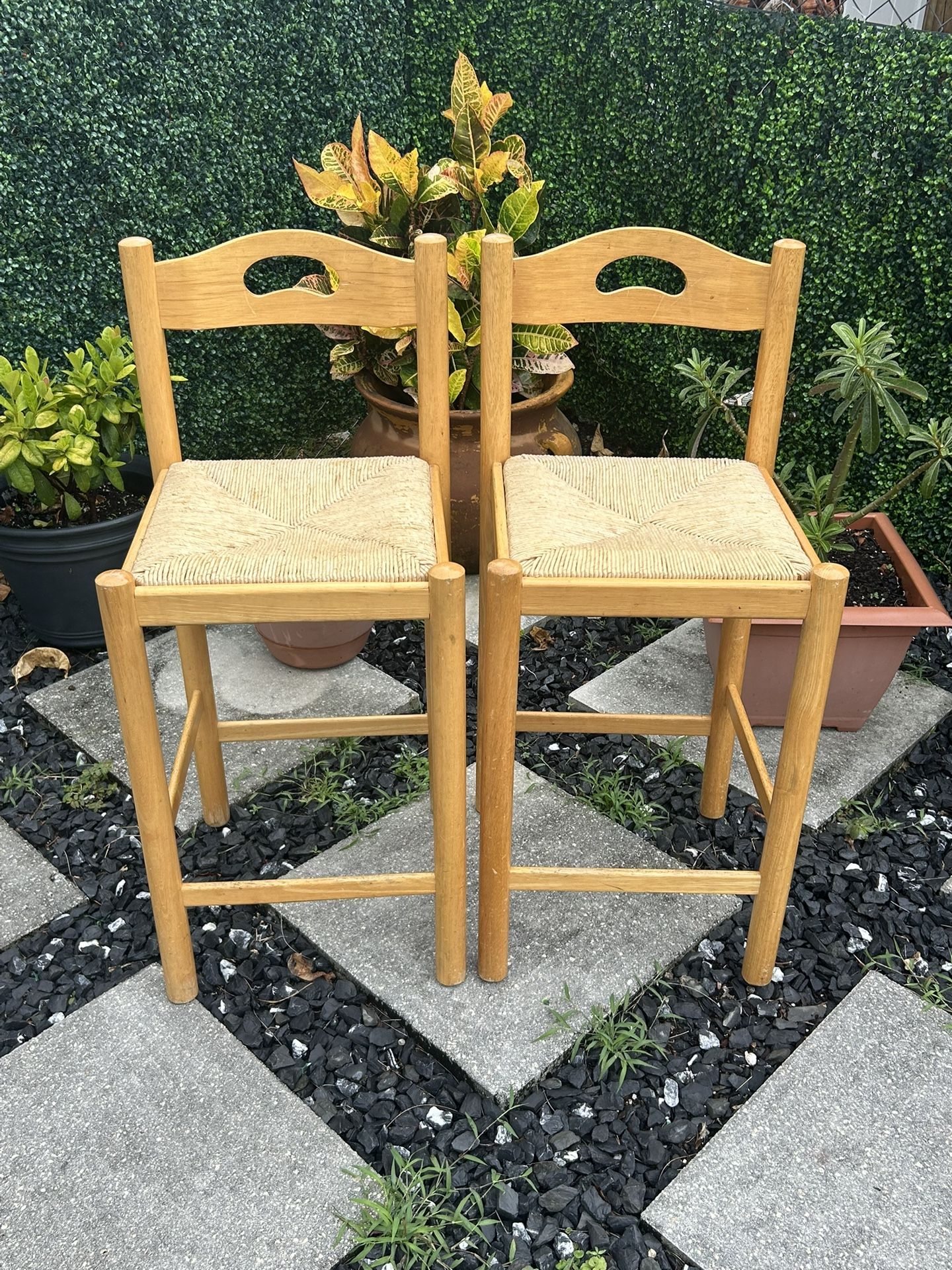 Pair Of Solid Wood Woven Seat Bar Stools 1960s