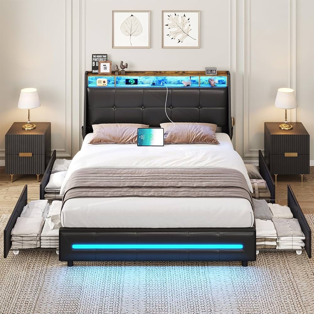 Queen Bed Frame with Storage Headboard, Bed Frame Queen Size with 4 Storage Drawers, LED Bed Frame with Charging Station, Wooden Slats