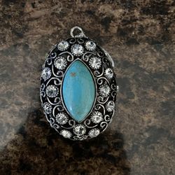 Turquoise & Rhinestones Oval Sterling Silver Pendant  