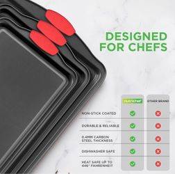 3‑Piece Nonstick Cookie Sheets – Carbon Steel Baking Sheet Set with Non Stick Coating & Red Silicone Handles – Oven Pans for Family Baking