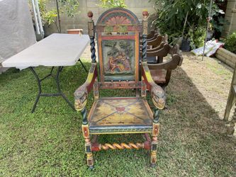 Unique Antique Hand-painted Spanish-style Wooden Carved Throne Chair