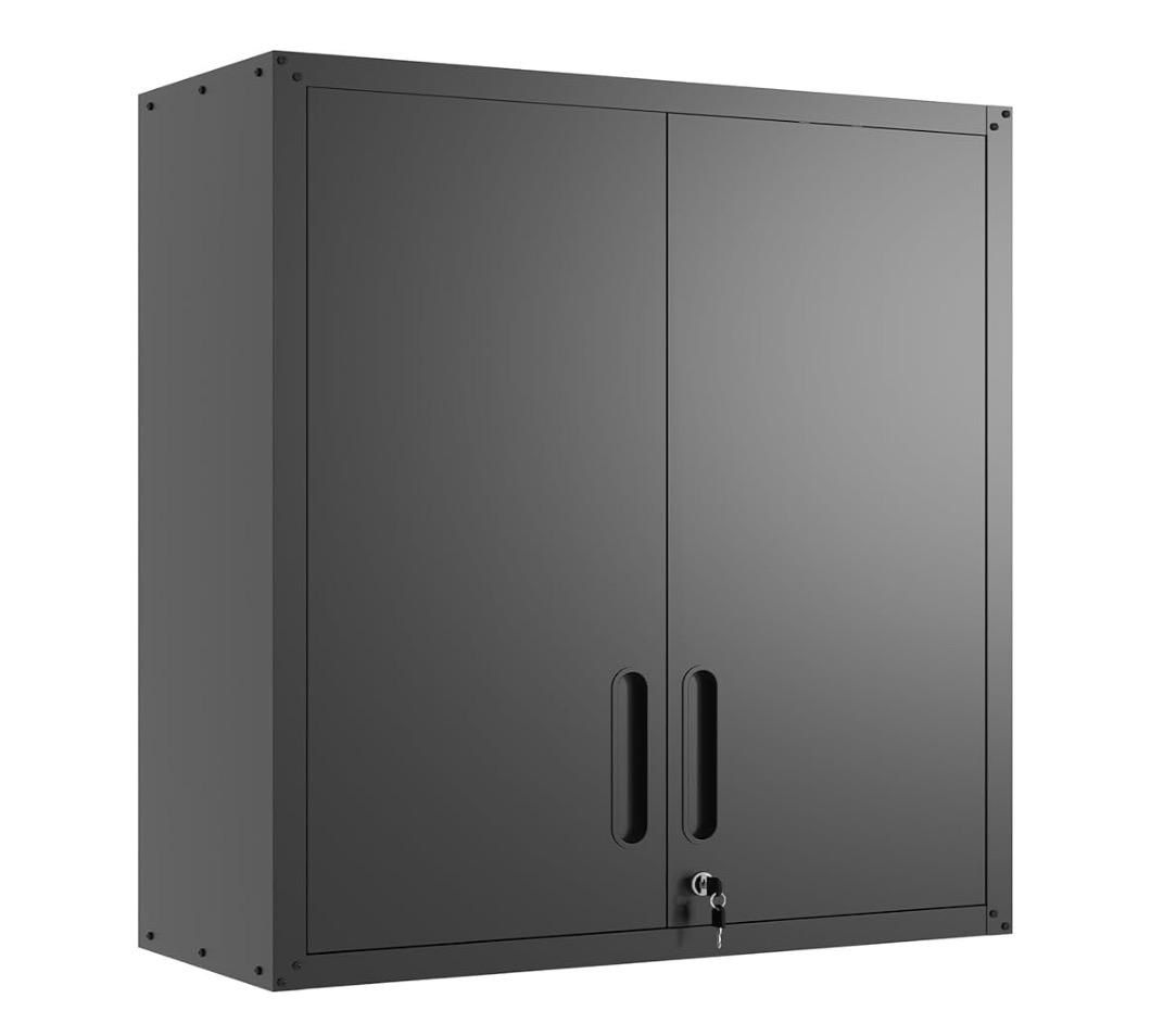 Garage Wall Cabinet with Doors and Shelves, Metal Wall Mounted Storage Cabinet with Lock, Hanging Tool Cabinet for Garage Utility Room, Black (EF19)