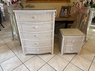 Rattan Wicker 5 draw Dresser and 2 draw nightstand with glass tops