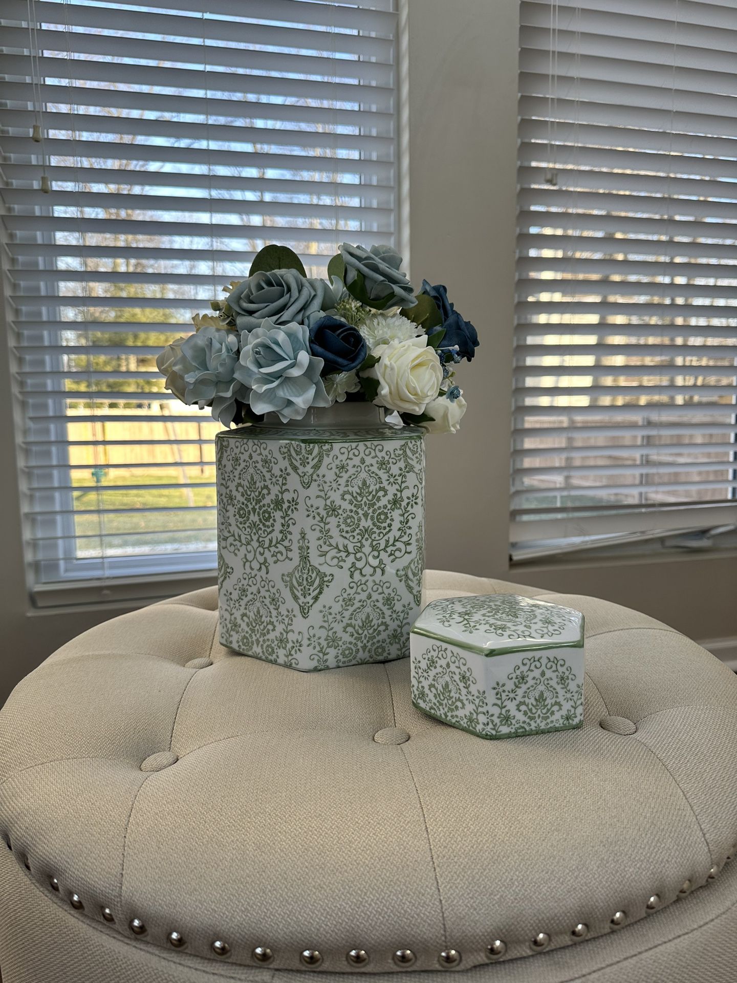 Green Vase With Faux Flowers 