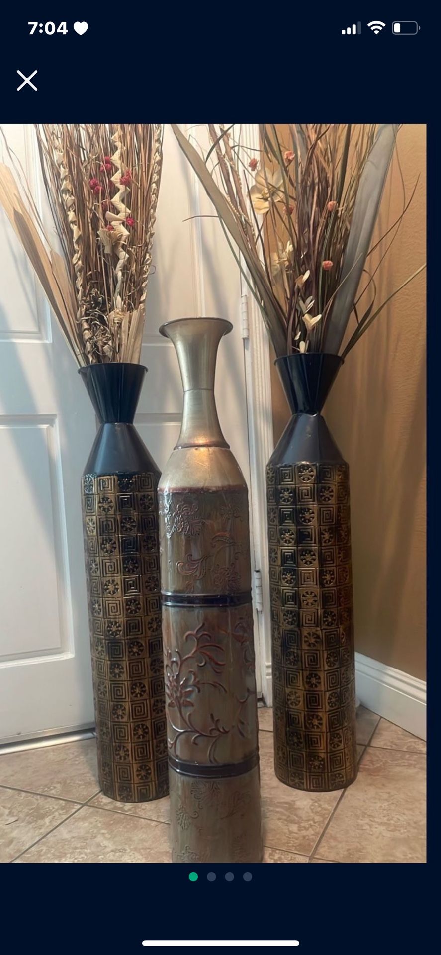 3 Metal Vases Whit Foliage 