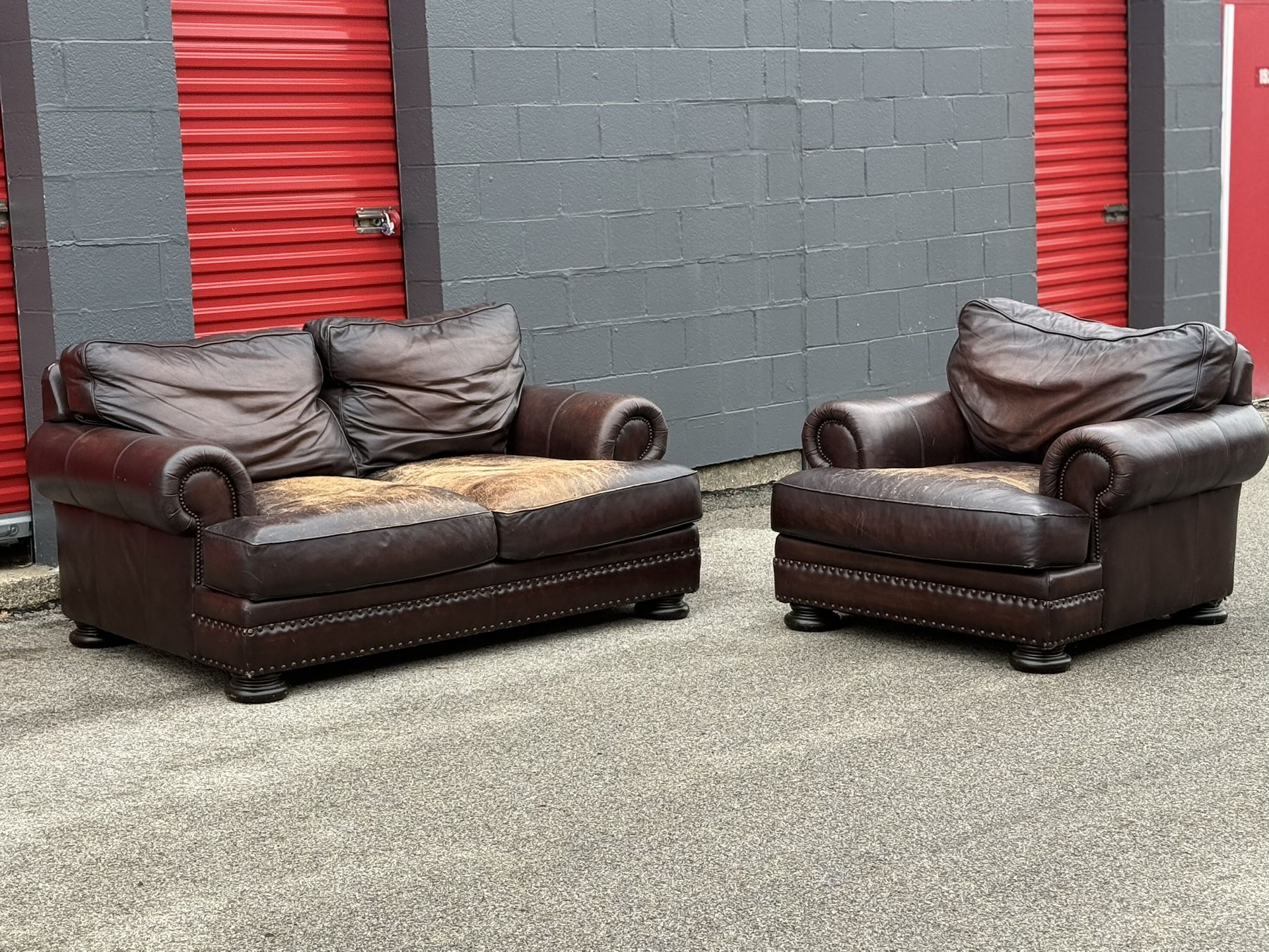Brown Leather Sofa + Chair Set - Free Curbside Delivery
