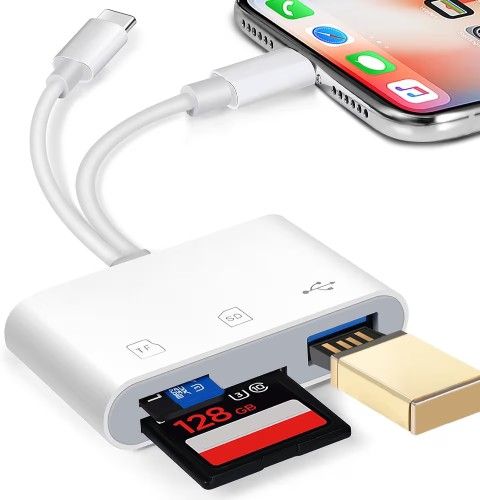 SD Card Reader for iPhone iPad, hua xun yuan Memory Card Reader Built-in Dual Port Connector Card Adapter with SD/MicroSD/USB-A 3 Slots, No App Requir