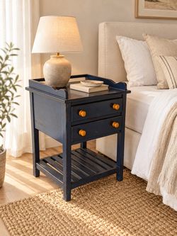 Navy Blue Two-Drawer Nightstand with Lower Shelf