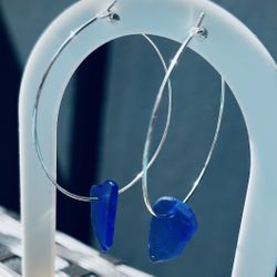 Cobalt Blue Sea Glass Sterling Silver Hoop Earrings 