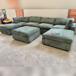 Green Corduroy Modular Large Living Room Sectional Sofa  // May Sale ! 