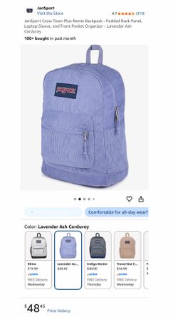 JanSport Cross Town Plus Remix Backpack - Padded Back Panel, Laptop Sleeve, and Front Pocket Organizer - Lavender Ash Corduroy