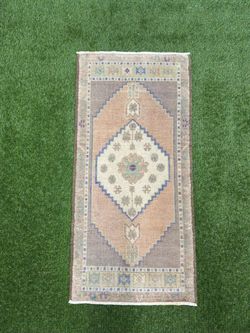 Vintage Turkish Oushak Rug, Faded Beige Peach Blue Wool Rug, Geometric Medallion Area Rug, Muted Boho Accent Rug 1.8x3.6