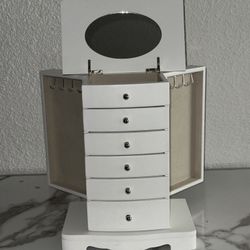 Jewelry Box - Made of Solid Wood with 4 Drawers Organizer and Built-in Necklace Carousel and Large Mirror White