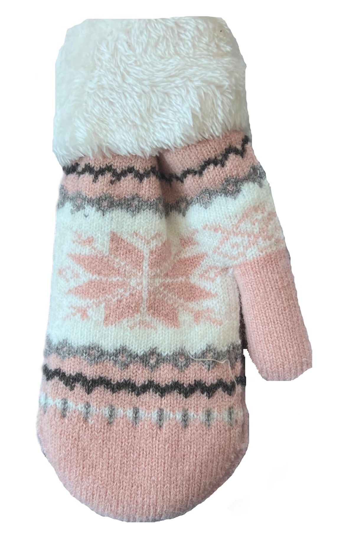 Winter Sherpa Lined Snowflake Knit Mettens, Pink/Gray - One Size.