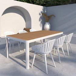 *BRAND NEW* 7 Piece Rectangular 100% FSC Certified Table Outdoor Furniture With White Chairs Dining Set