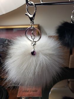 4.5" White w/Black Tips Faux Fur Pom Pom Keychain
