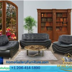 Black Faux leather 3-Piece Couch Living Room Sofa Set