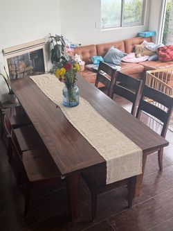 Dark Wood Farmhouse Dining Table with Chairs and Bench