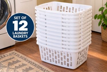New. Never used. Set of 12 White Good Sized Well Designed Sturdy Laundry Baskets –Stackable & Space-Saving
