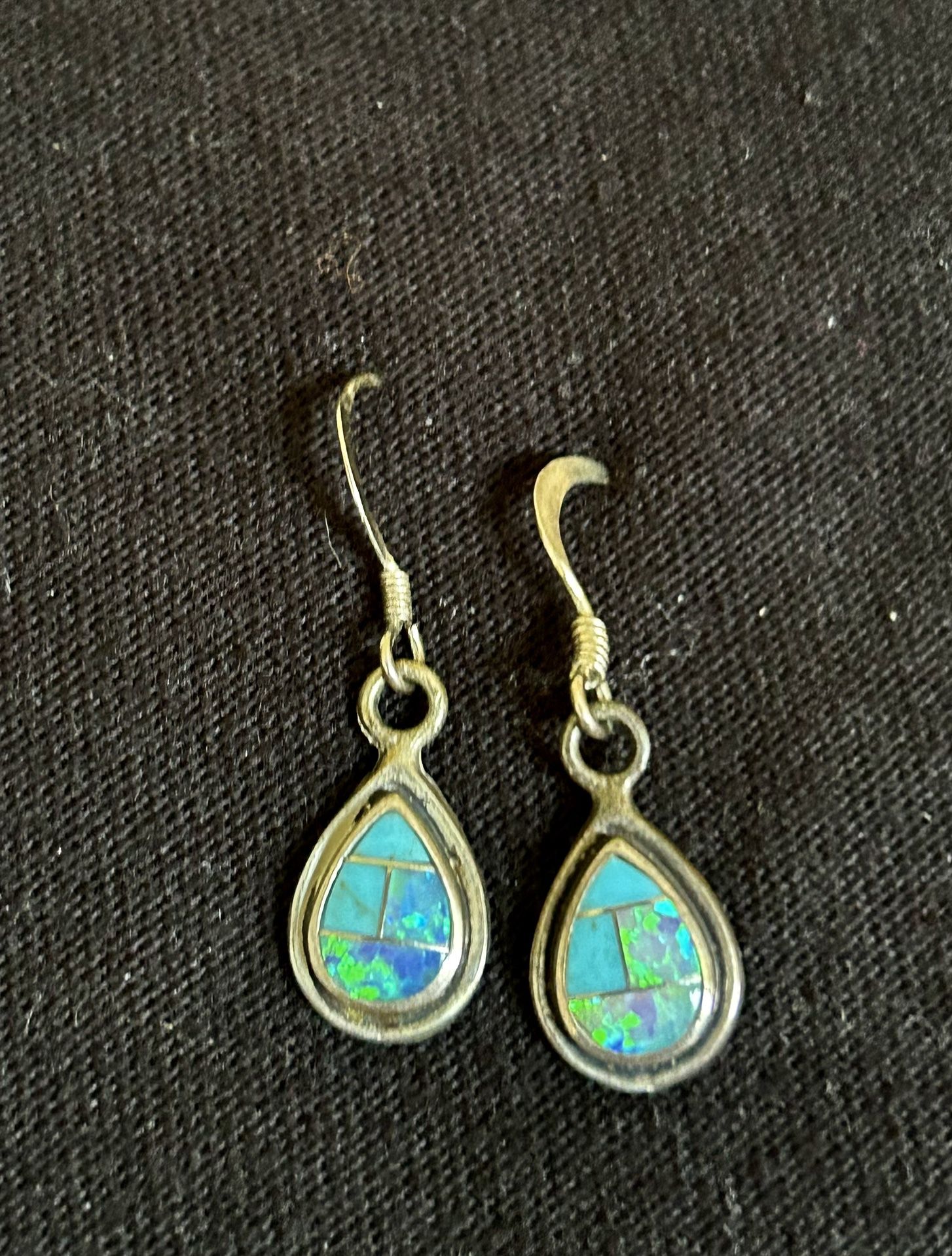 Sterling Silver Opal & Turquoise Color Dangle Earrings Small