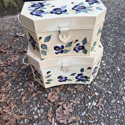 2 Floral Metal Decorative Storage Boxes with Lids that latch