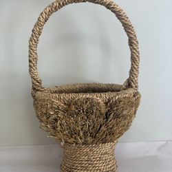 Handwoven Pedestal Basket with Rope Handle Rustic Natural Fiber Boho Decor