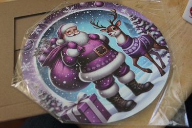 8" Round Purple Santa w/ Reindeer Aluminum Sign