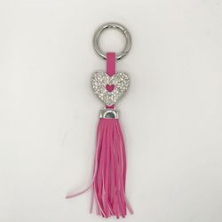 Pink Fringe Tassel With Silver Faux Crystal Heart Keyring/Purse Charm