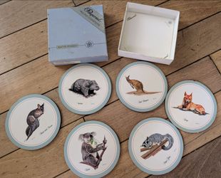 Set of six round coasters vintage Pimpernel Australian Animals cork-backed