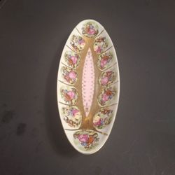 Vintage 1950's "Royal Vienna" By Arnart Porcelain Oval Dish Hand-painted In Gold & Pink W/Courtship Scenes Known As "Love Story" A Perfect Trinket Or 
