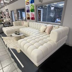 Lipa Velvet Double Chaise "U" Shape Section - Ivory
