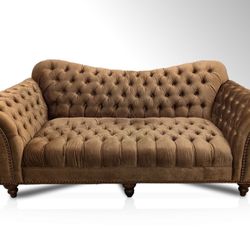 Bronze Velvet Chesterfield Sofa & Chair - Great Condition - Delivery Available 