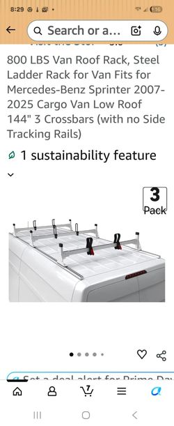 Durable steel van roof rack has an 800 lbs load capacity. This white 3-pack crossbar system is designed for Mercedes-Benz Sprinter 2007-2025 cargo van