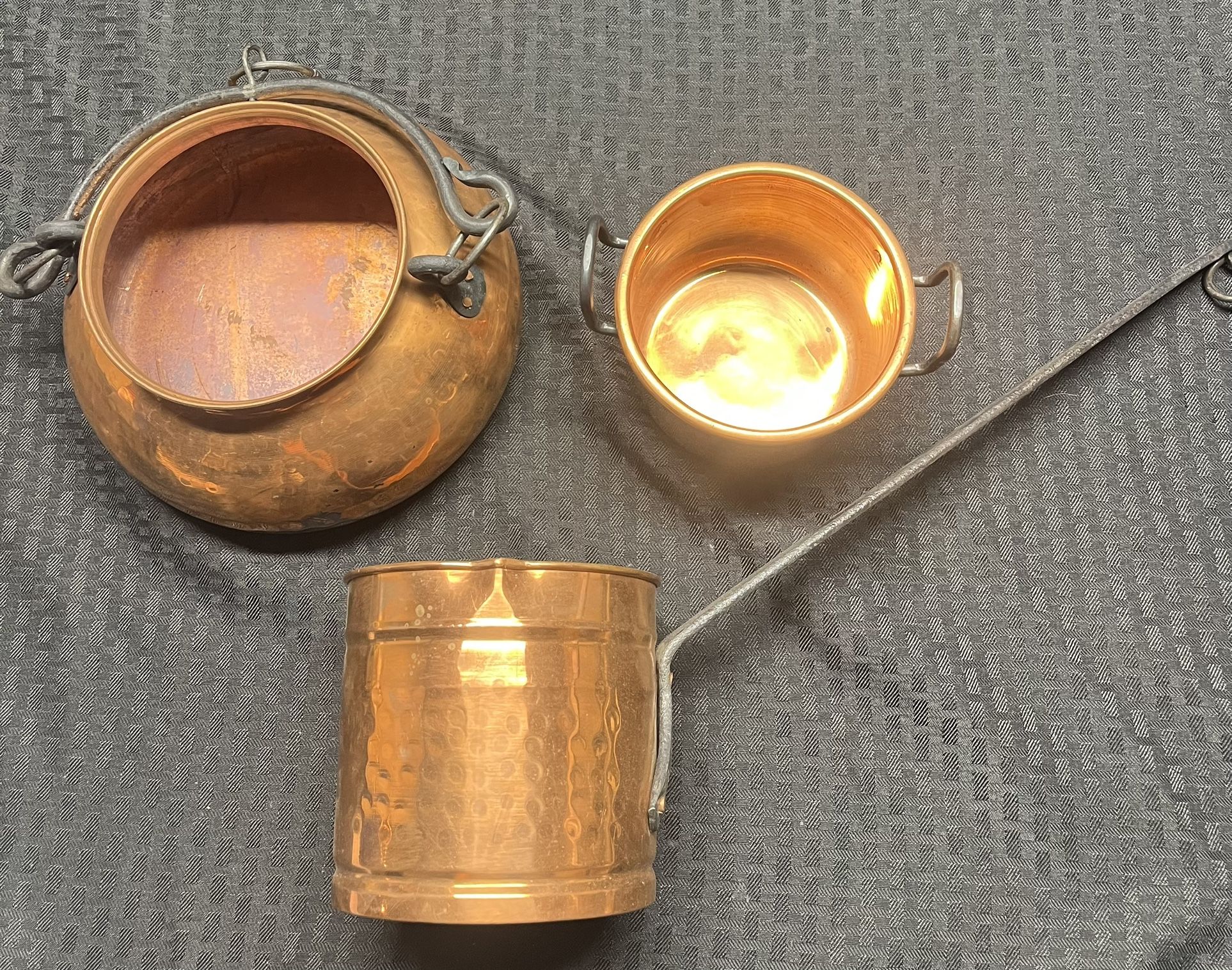 Solid Copper 3 Piece Hanging Kettle Pot, Long Handle Coffee Pot, and Stock Pot