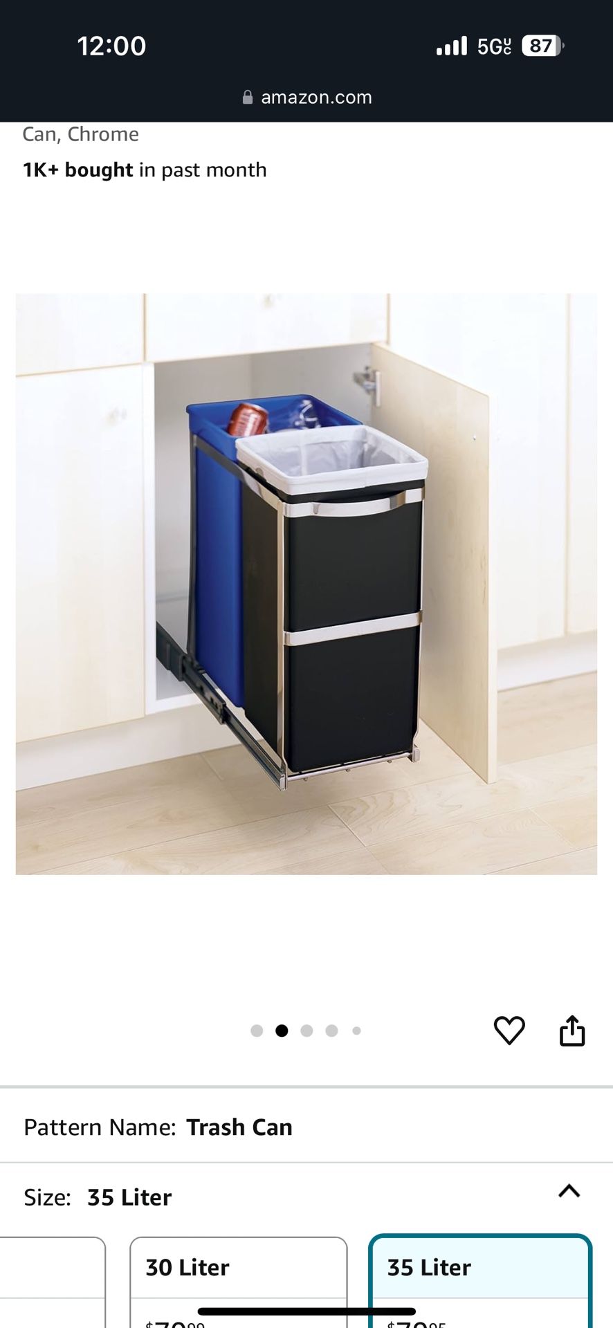 simplehuman 35 Liter / 9.3 Gallon Dual Compartment Under Counter Kitchen Cabinet Pull-Out Recycling Bin and Trash Can, Chrome $35