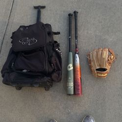 Boomba Baseball Bag, Louisville select Pwr -3 32”, Demarini the goods -3  31”, and Wilson A2000