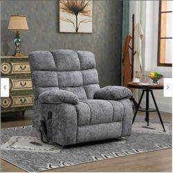 CHINO--Grey Chenille Oversized Power Lift Recliner Chair, Dual Motor, Massage