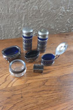 Verious Silverplate, EPNS, Cobalt Salt & Pepper Shakers, Salt Dips, Small Basket. Nice Condition, All 8 pieces for $30.