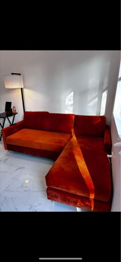 Orange Velvet Sectional Sofa with Chaise