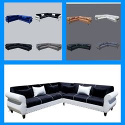 BRAND NEW 9x9ft SECTIONAL COUCH CHAISE SOFA, Velvet  Black FABRIC COMBO, CUSTOM MADE AVAILABLE 